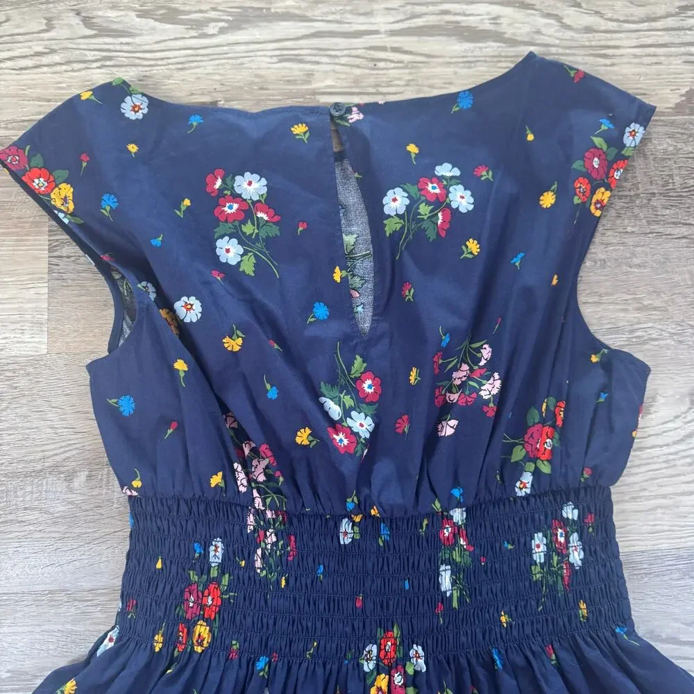NWT Kate Spade Bouquet Toss Blaire Navy Floral Smocked Cotton Dress Large